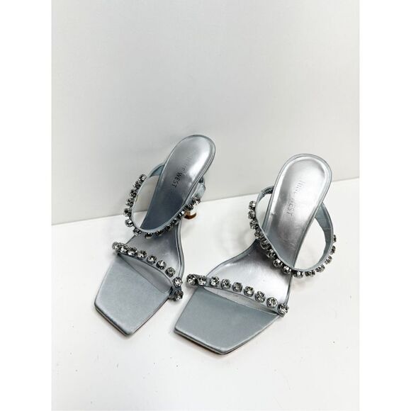 Nine‎ West Aria Dress Sandals Womens Size 9 Silver Studded Straps Square Toe - Picture 5 of 12